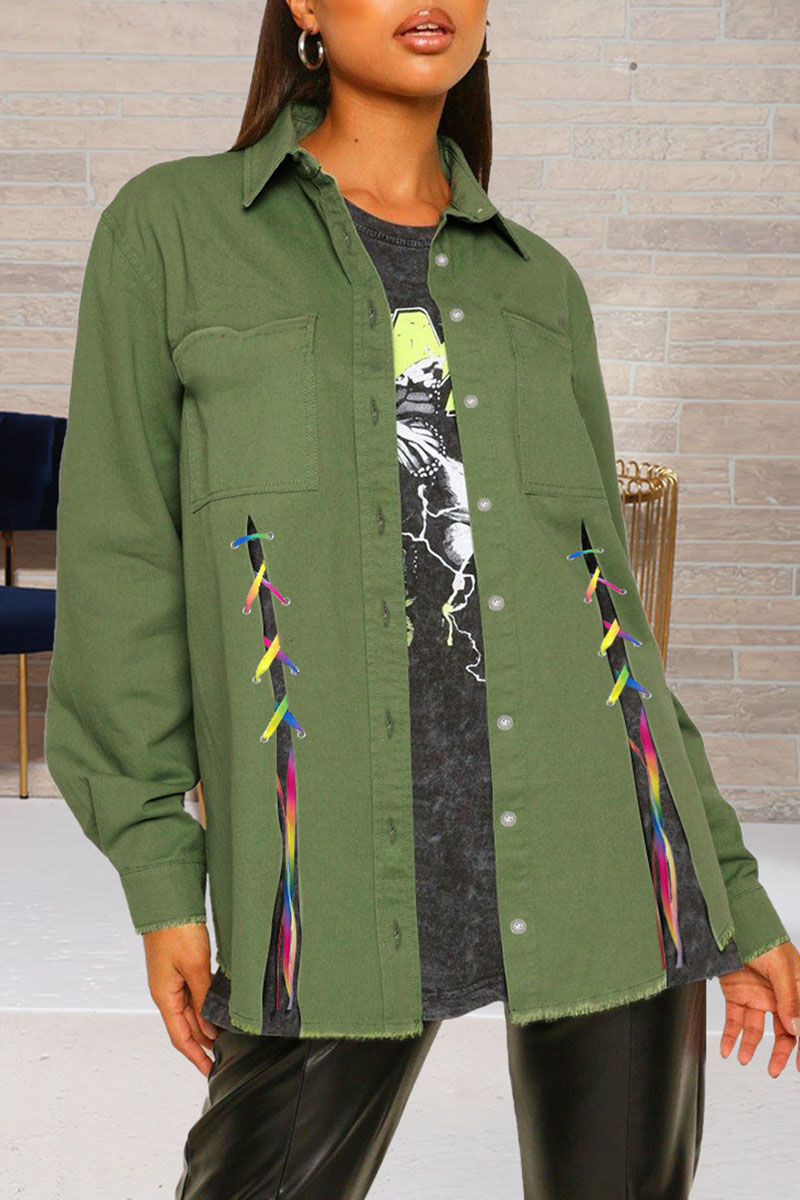 Army Green Fashion Street Solid Bandage Turndown Collar Long Sleeve 