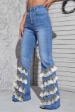 Blue Fashion Casual Patchwork Buckle High Waist Boot Cut Jeans