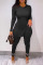 Black Fashion Casual Solid Patchwork O Neck Plus Size Two Pieces