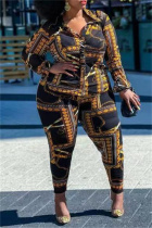 Multicolor Sexy Casual Print See-through Turndown Collar Plus Size Two Pieces