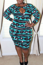 Cyan Sexy Print Hollowed Out Patchwork O Neck Pencil Skirt Plus Size Dresses