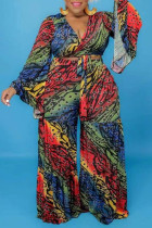 Multicolor Fashion Casual Print Bandage Plus Size Two Pieces