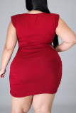 Burgundy Casual Solid Patchwork O Neck Pencil Skirt Plus Size Dresses