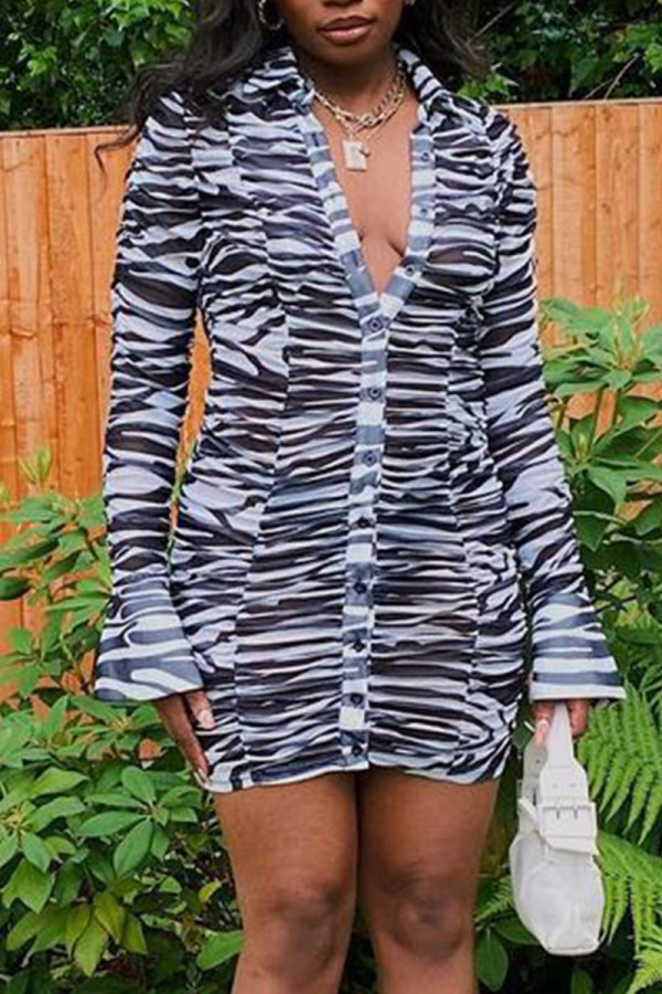 Zebra Fashion Sexy Animal Print Patchwork Turndown Collar One Step Skirt Dresses