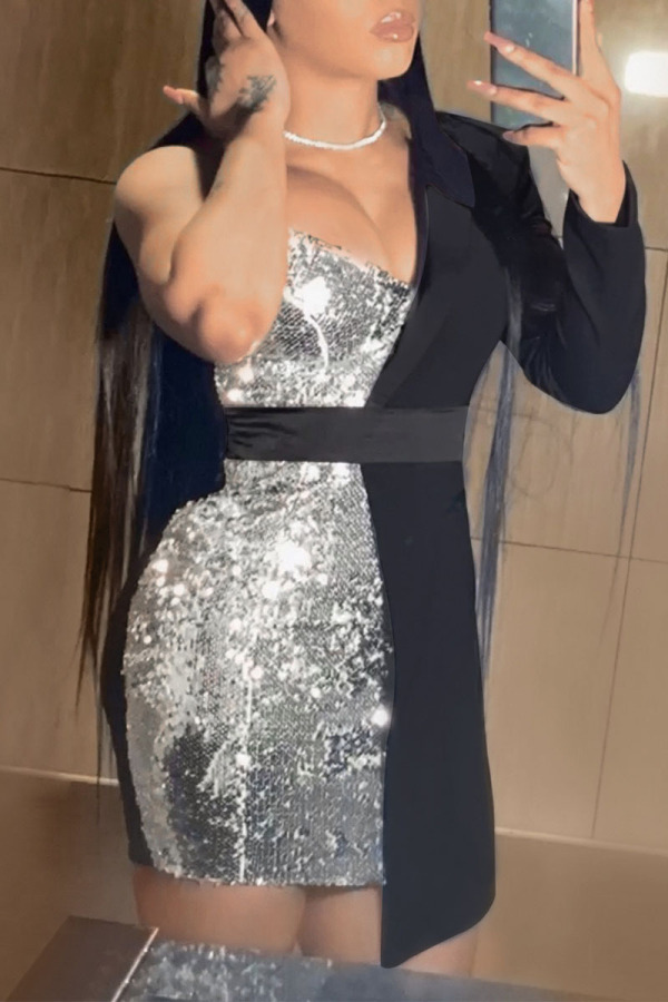 Sexy Solid Sequins Slit Square Collar One Step Skirt Dresses