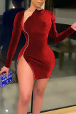 Red Sexy Solid Patchwork Zipper Zipper Collar One Step Skirt Dresses
