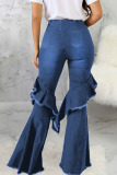 Dark Blue Fashion Street Solid Ripped High Waist Boot Cut Denim Jeans