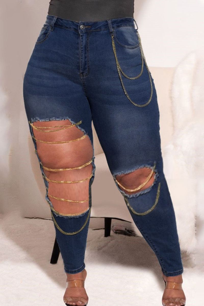 Wholesale Dark Blue Fashion Street Solid Ripped Plus Size Jeans K31358 1 Online