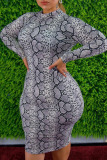 Snake Print Fashion Street Animal Print Split Joint O Neck One Step Skirt Plus Size Dresses