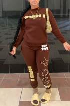 Brown Fashion Casual Letter Print O Neck Long Sleeve Two Pieces