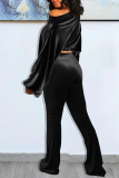 Black Fashion Casual Solid Basic Oblique Collar Long Sleeve Two Pieces