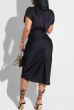 Black Fashion Casual Solid Fold Turndown Collar Pencil Skirt Dresses