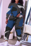 Blue Casual Camouflage Print Patchwork O Neck Plus Size Two Pieces
