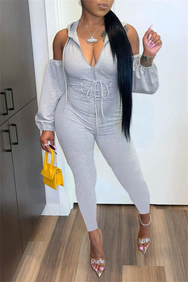 Grey Sexy Casual Solid Bandage Hollowed Out Hooded Collar Skinny Jumpsuits