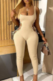Beige Sexy Casual Solid Bandage Hollowed Out U Neck Skinny Jumpsuits