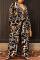 Black Fashion Casual Geometric Print Split Joint With Belt Plus Size Two Pieces(Contain The Belt)