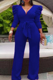 Blue Casual Solid Patchwork With Belt V Neck Straight Jumpsuits(Contain The Belt)