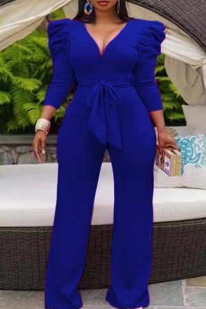 Blue Casual Solid Split Joint With Belt V Neck Straight Jumpsuits(Contain The Belt)