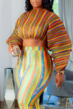 Lake Blue Sexy Striped Patchwork Half A Turtleneck Long Sleeve Two Pieces