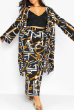 Black Fashion Casual Geometric Print Patchwork With Belt Plus Size Two Pieces(Contain The Belt)