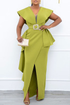 Green Fashion British Style Solid Patchwork V Neck Irregular Dresses