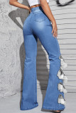 Blue Fashion Casual Patchwork Buckle High Waist Boot Cut Jeans