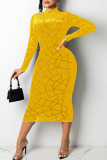 Yellow Sexy Solid Split Joint See-through Burn-out O Neck A Line Dresses