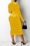 Yellow Sexy Solid Split Joint See-through Burn-out O Neck A Line Dresses