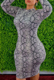 Snake Print Fashion Street Animal Print Split Joint O Neck One Step Skirt Plus Size Dresses