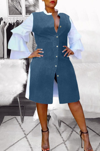 Blue Casual Print Patchwork Buckle O Neck Straight Dresses