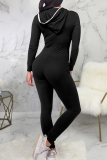 Black Casual Solid Patchwork Hooded Collar Skinny Jumpsuits