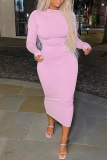Pink Fashion Casual Solid Basic O Neck Long Sleeve Dresses