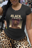 Black Fashion Street Print Letter O Neck T-Shirts