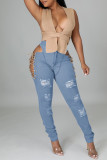 Baby Blue Fashion Casual Solid Ripped Bandage Hollowed Out High Waist Jeans