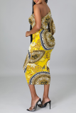 Yellow Sexy Print Hollowed Out One Shoulder Pencil Skirt Dresses