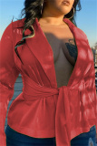 Rose Red Fashion Casual Solid Cardigan Turndown Collar Plus Size Overcoat