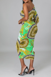 Green Sexy Print Hollowed Out One Shoulder Pencil Skirt Dresses