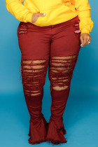 Burgundy Sexy Solid Ripped Split Joint Plus Size Jeans
