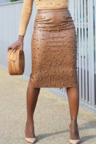 Brown Vogue Nail Bead Design Slim PU Knee Length Skirts