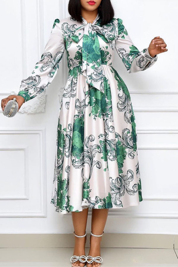 Green Fashion Casual Print With Bow V Neck Long Sleeve Dresses