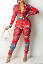 Red Sexy Print Split Joint Turndown Collar Long Sleeve Two Pieces