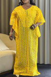 Yellow Fashion Sexy Plus Size Solid Hollowed Out See-through V Neck Irregular Dress