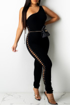 Black Sexy Casual Solid Bandage Backless One Shoulder Skinny Jumpsuits