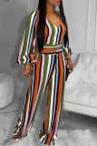 Orange Fashion Casual Striped Print Basic V Neck Long Sleeve Two Pieces