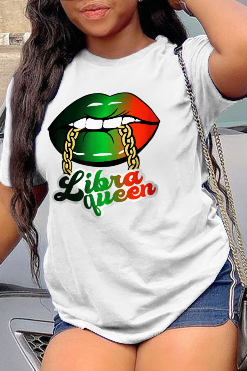 

White Daily Simplicity Print Split Joint Letter O Neck T-Shirts