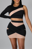 Black Sexy Solid Split Joint See-through Asymmetrical O Neck Long Sleeve Two Pieces