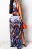 Blue Fashion Sexy Print Hollowed Out Slit O Neck Sleeveless Two Pieces