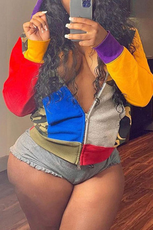 Colour Casual Street Print Patchwork Zipper Hooded Collar Tops
