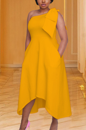 Yellow Casual Solid Patchwork One Shoulder Irregular Dress Dresses