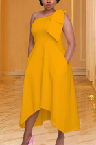 Yellow Casual Solid Split Joint One Shoulder Irregular Dress Dresses